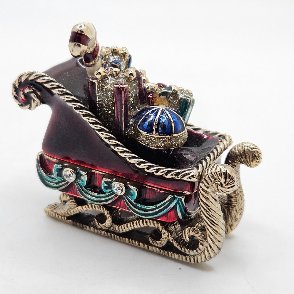 VTG Monet Christmas Sleigh Trinket Box Jeweled Enamel Rhinestone Gifts Holiday